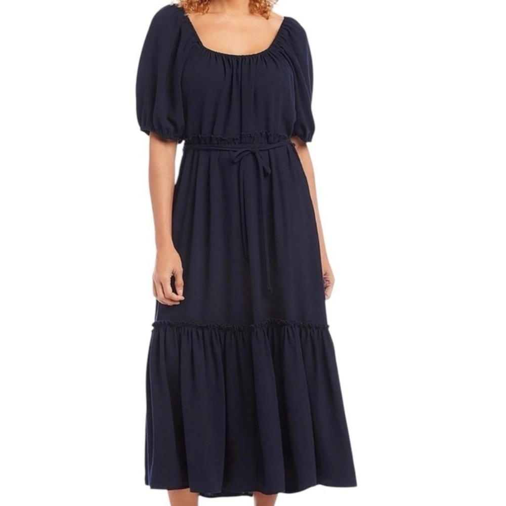 NWT KAREN KANE Short Sleeve Removable Tie Belt Flowy Ruffle Layered Dress